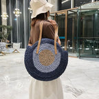 Sac rond en paille femme, fermeture éclair, motif œil grec