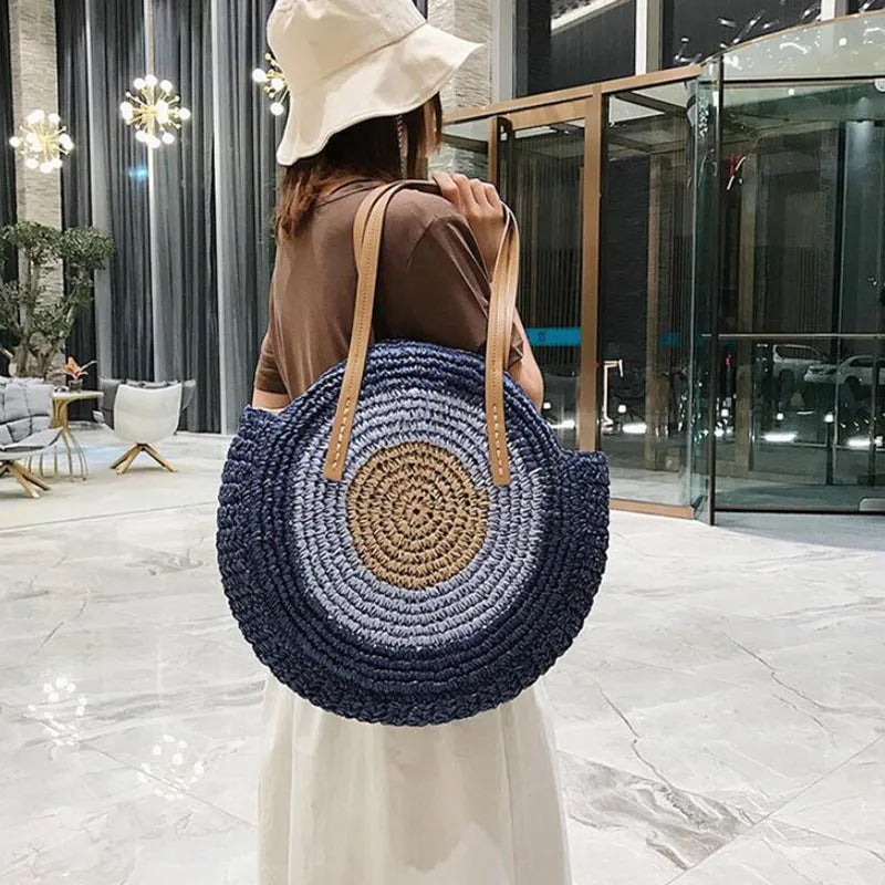 Sac rond en paille femme, fermeture éclair, motif œil grec