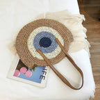 Sac rond en paille femme, fermeture éclair, motif œil grec, marron