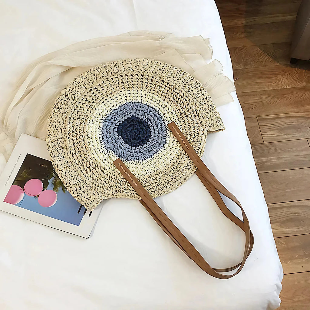 Sac rond en paille femme, fermeture éclair, motif œil grec, beige