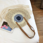 Sac rond en paille femme, fermeture éclair, motif œil grec, beige