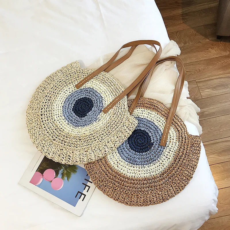 Sac rond en paille femme, fermeture éclair, motif œil grec
