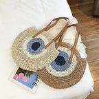 Sac rond en paille femme, fermeture éclair, motif œil grec