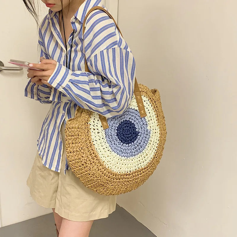Sac rond en paille femme, fermeture éclair, motif œil grec