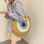 Sac rond en paille femme, fermeture éclair, motif œil grec