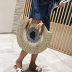Sac rond en paille femme, fermeture éclair, motif œil grec