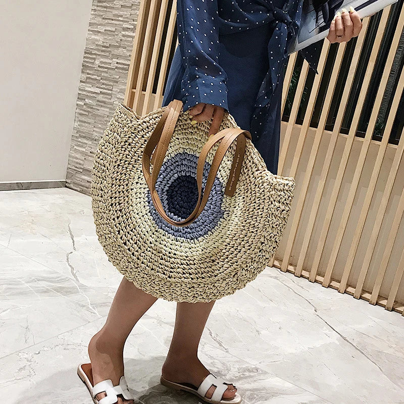 Sac rond en paille femme, fermeture éclair, motif œil grec