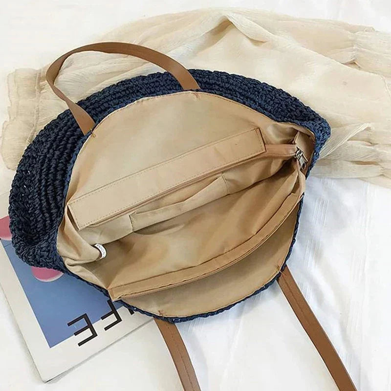 Sac rond en paille femme, fermeture éclair, motif œil grec