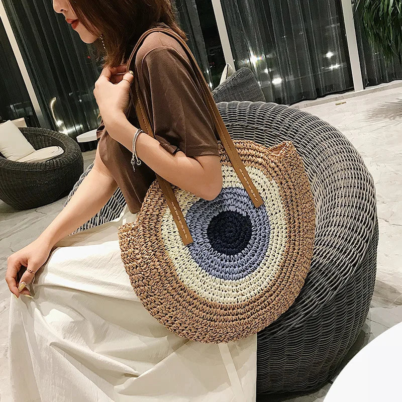 Sac rond en paille femme, fermeture éclair, motif œil grec
