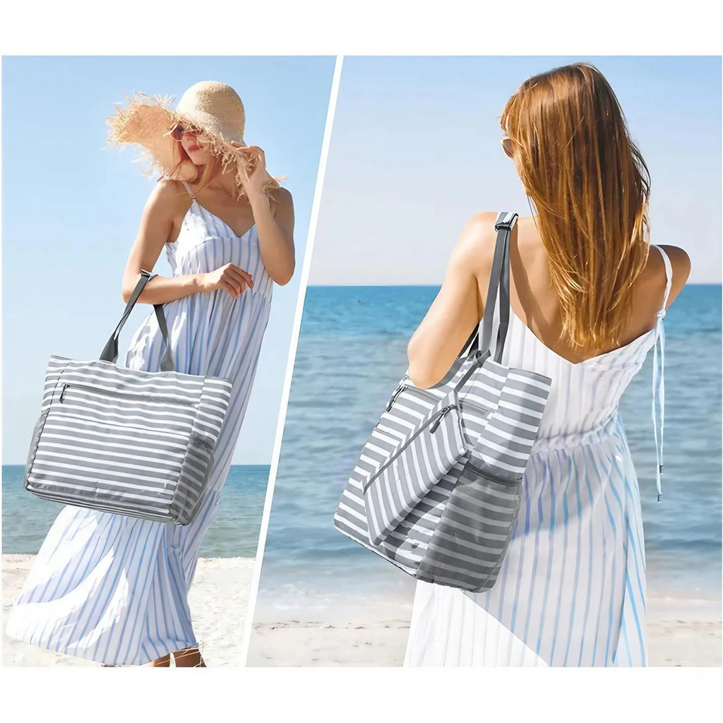 Sac de plage femme étanche en polyester rayé, avec pochette