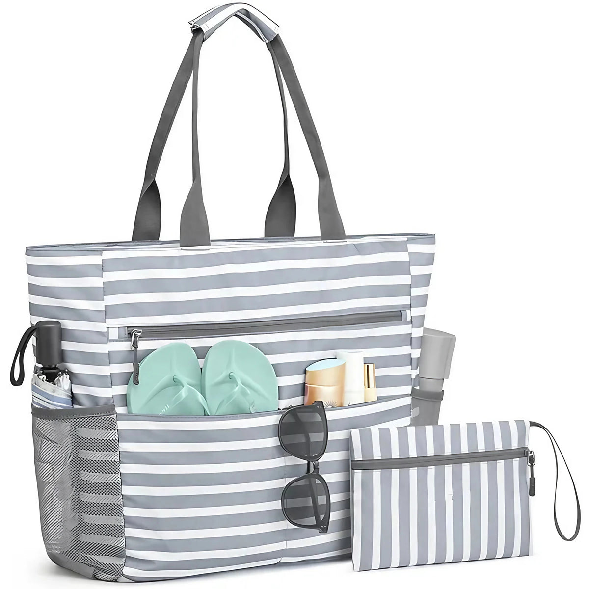 Sac de plage femme étanche en polyester rayé, avec pochette, gris