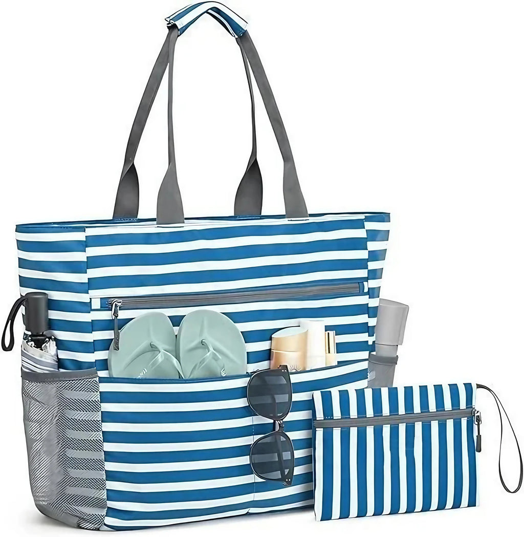 Sac de plage femme étanche en polyester rayé, avec pochette, bleu