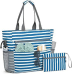 Sac de plage femme étanche en polyester rayé, avec pochette, bleu