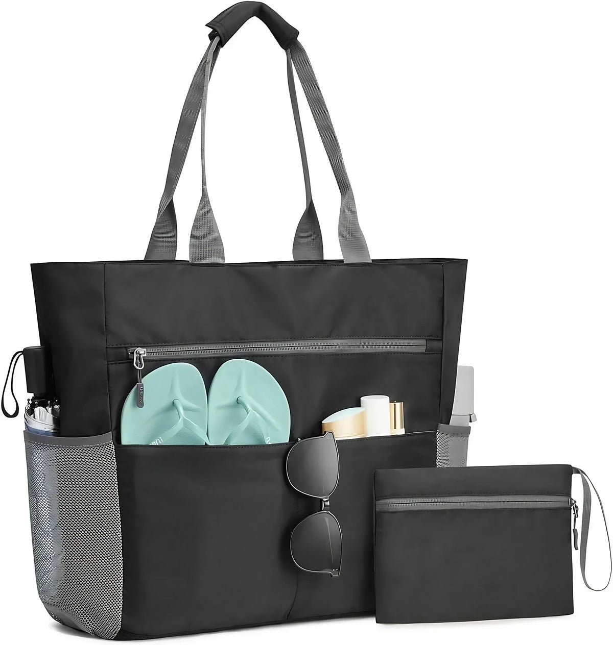 Sac de plage femme étanche en polyester rayé, avec pochette, noir