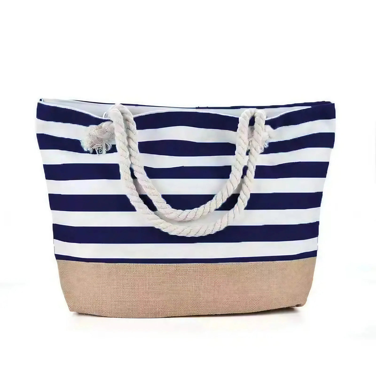 Sac de plage en toile rayée à anses en corde, onze coloris, marine avec fond