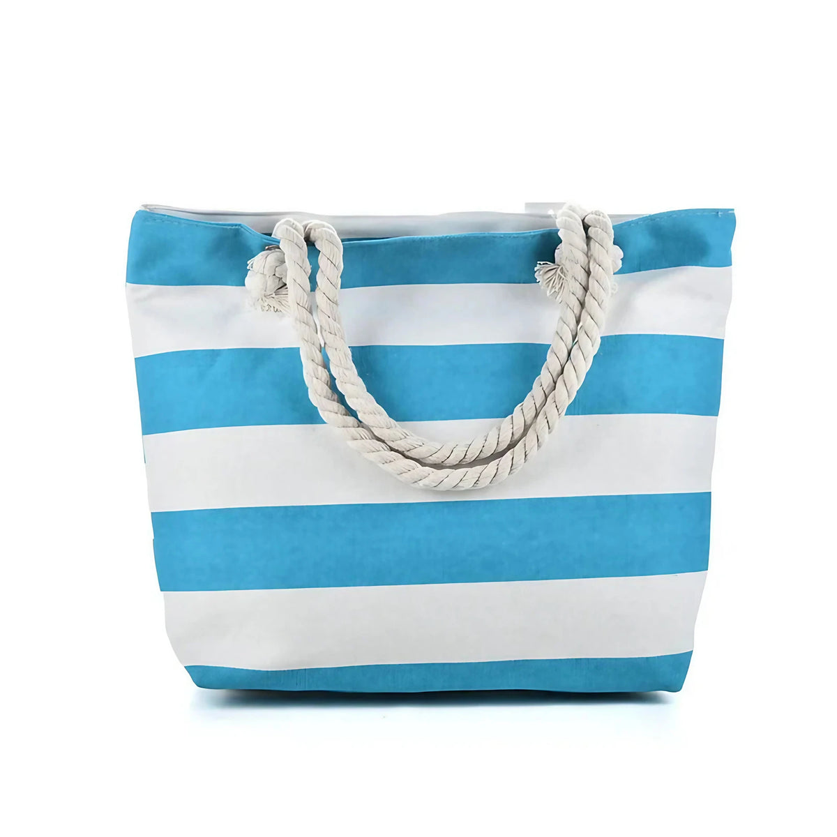 Sac de plage en toile rayée à anses en corde, onze coloris, bleu ciel