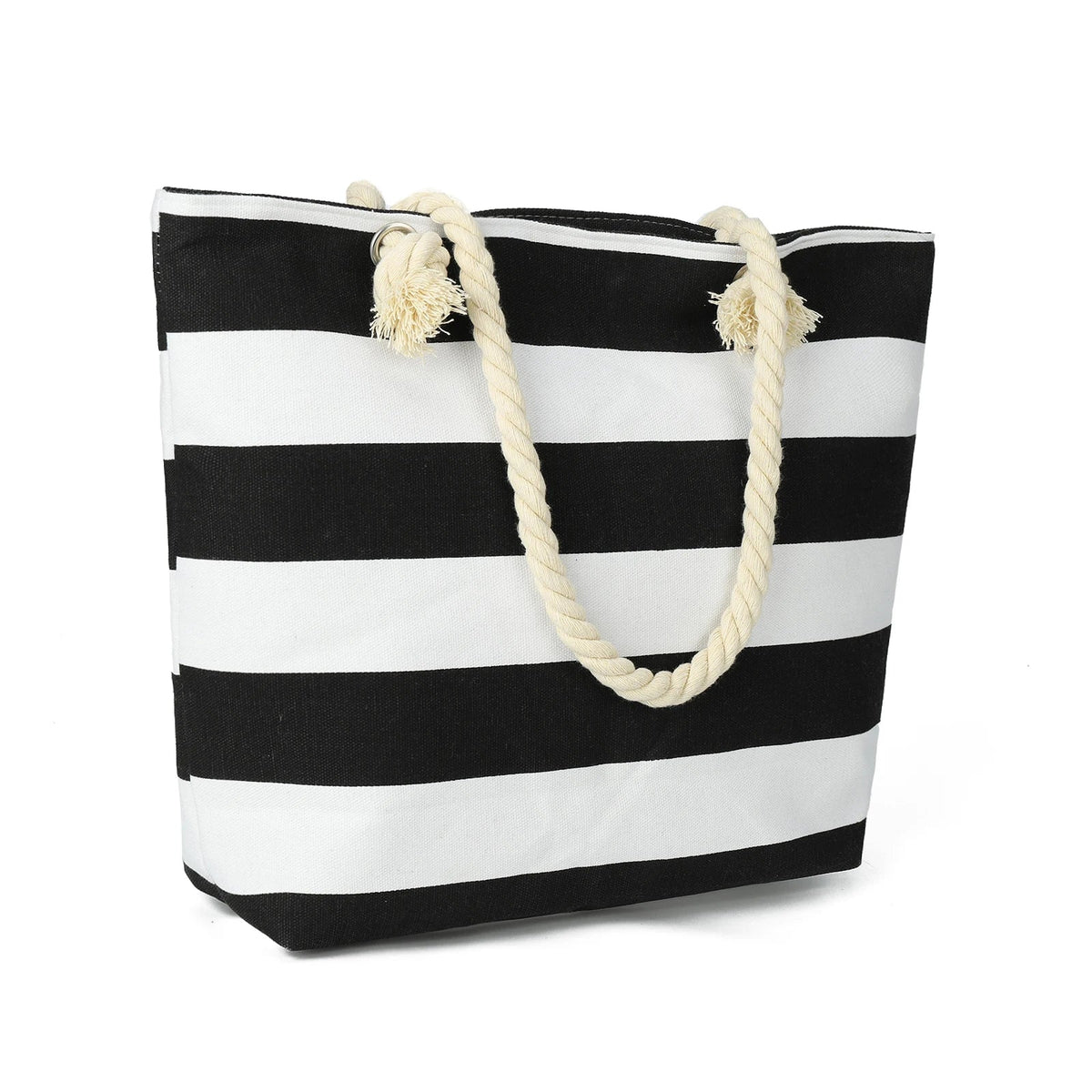 Sac de plage en toile rayée à anses en corde, onze coloris, noir