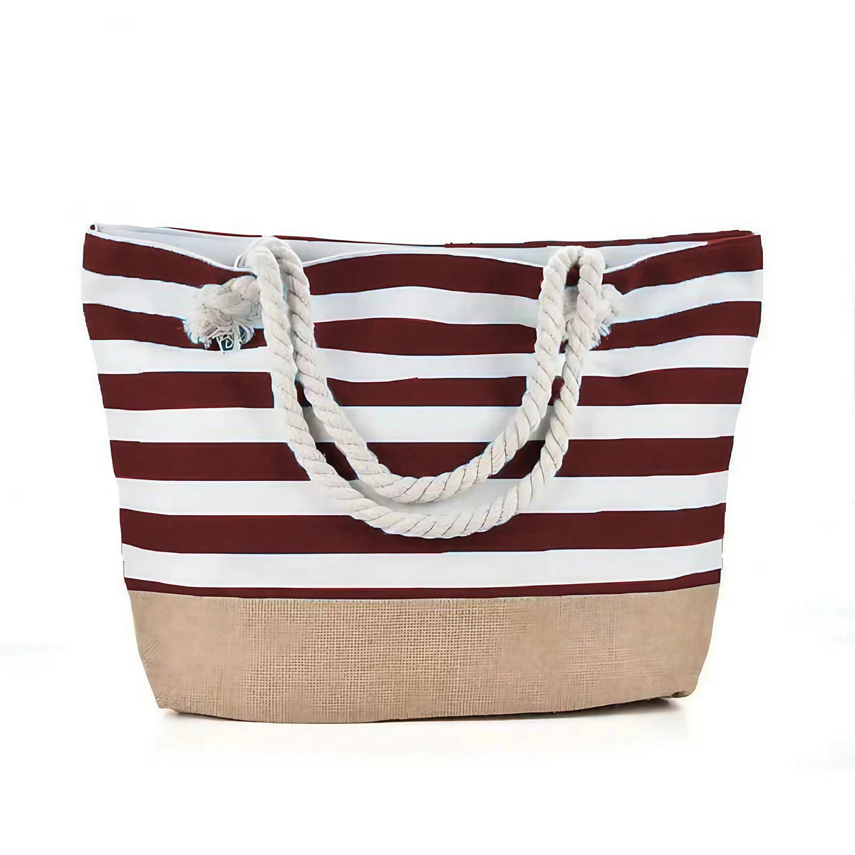 Sac de plage en toile rayée à anses en corde, onze coloris, rouge foncé avec fond