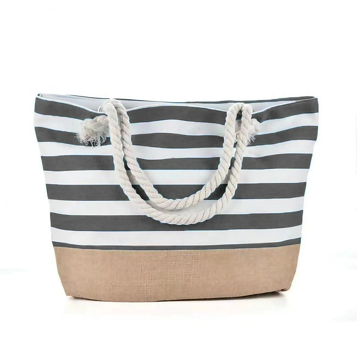 Sac de plage en toile rayée à anses en corde, onze coloris, gris avec fond