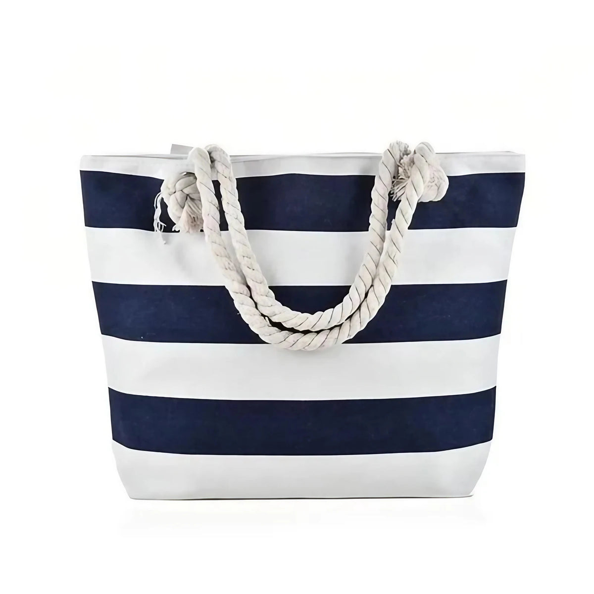 Sac de plage en toile rayée à anses en corde, onze coloris, bleu marine