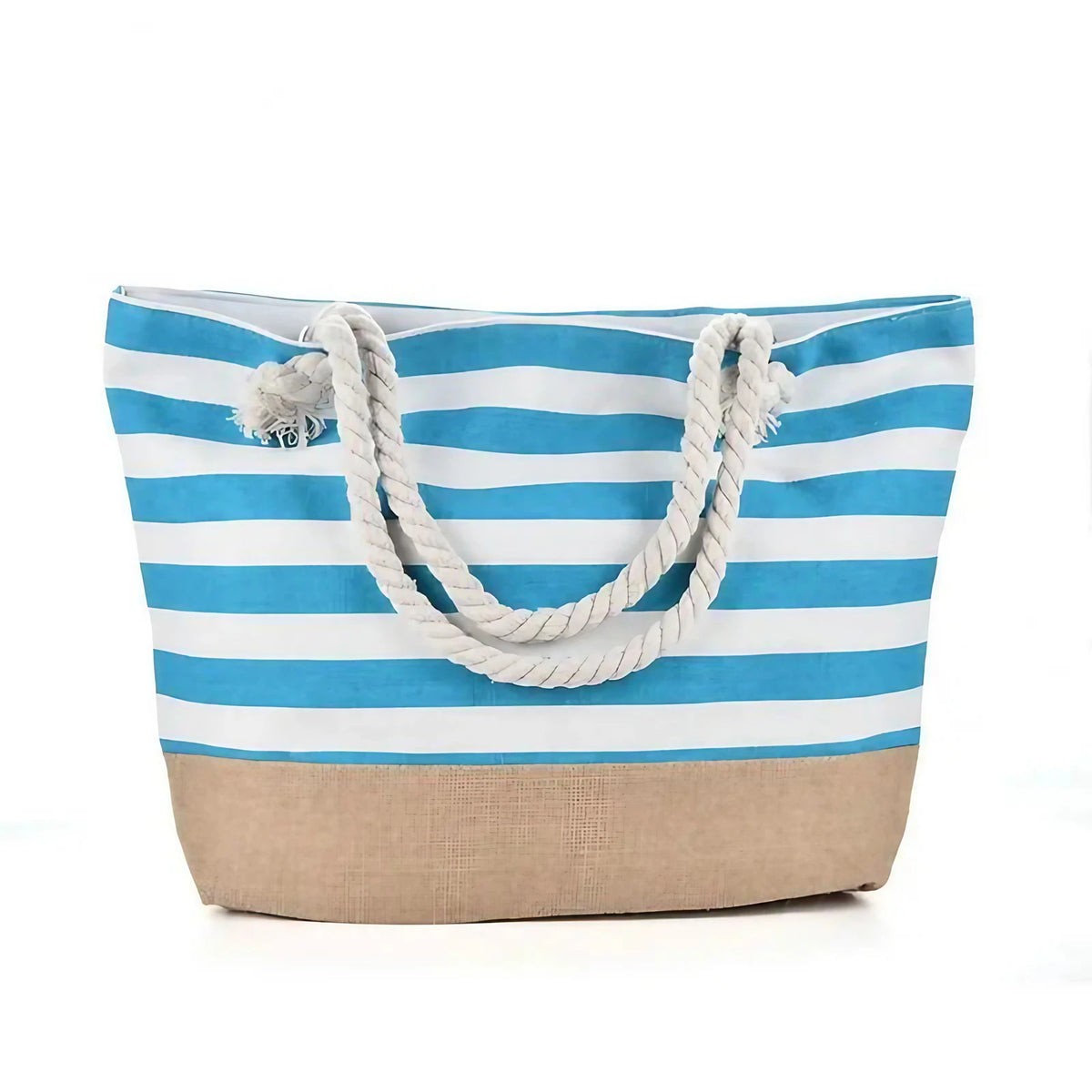 Sac de plage en toile rayée à anses en corde, onze coloris, bleu clair avec fond