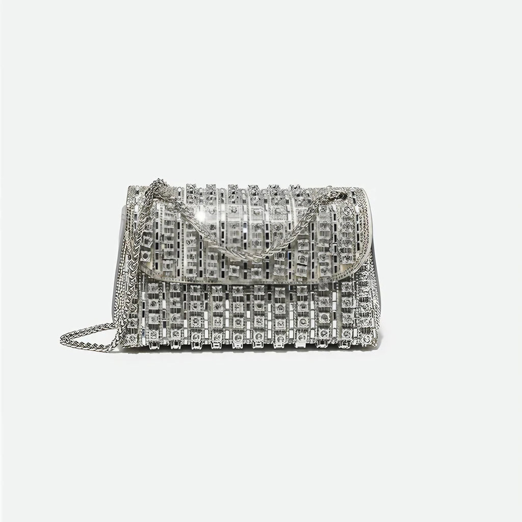 Sac de soirée femme à strass, chaîne en métal, cinq coloris, argenté