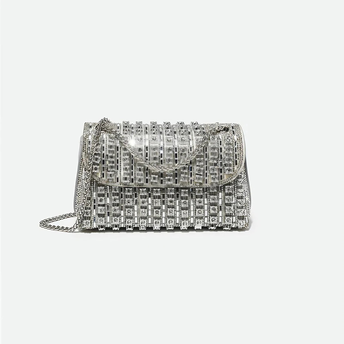 Sac de soirée femme à strass, chaîne en métal, cinq coloris, argenté