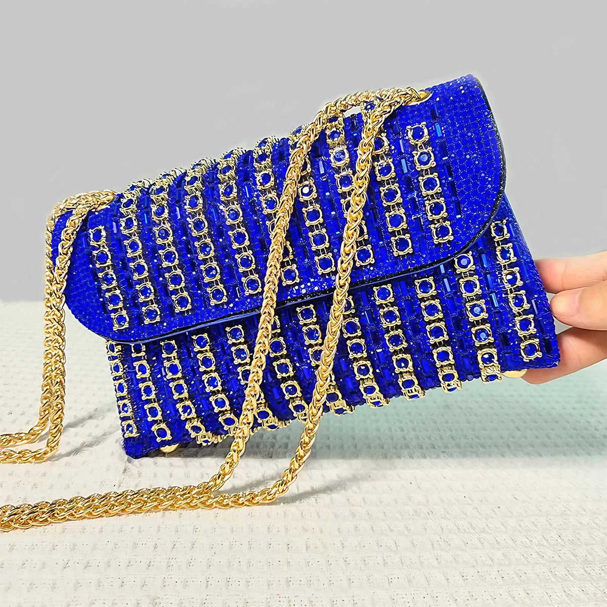Sac de soirée femme à strass, chaîne en métal, cinq coloris, bleu