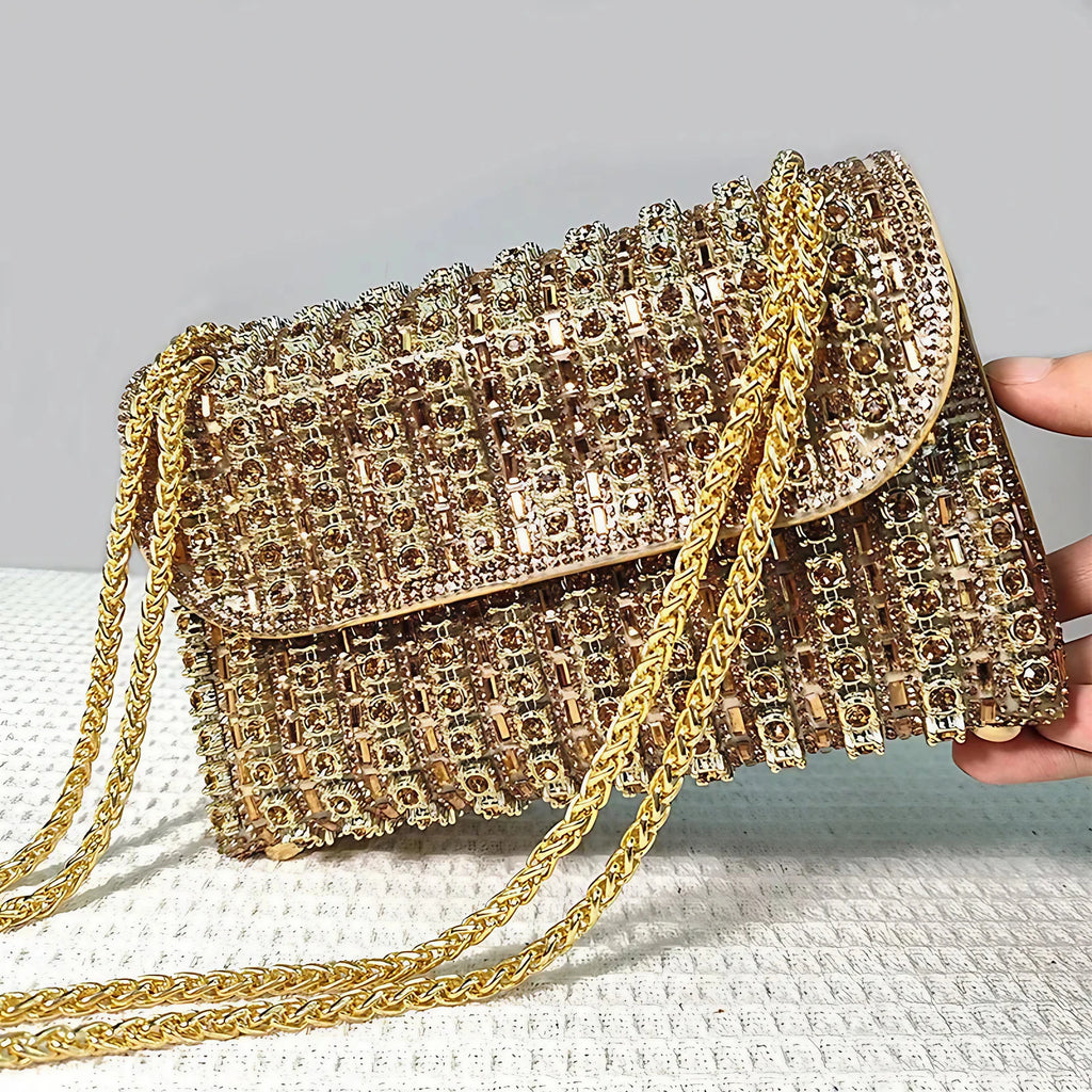 Sac de soirée femme à strass, chaîne en métal, cinq coloris, doré