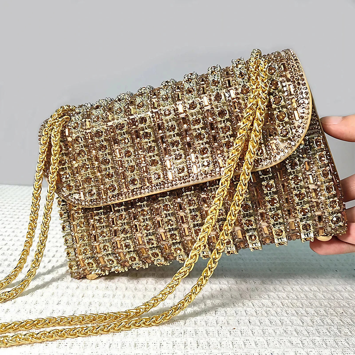 Sac de soirée femme à strass, chaîne en métal, cinq coloris, doré