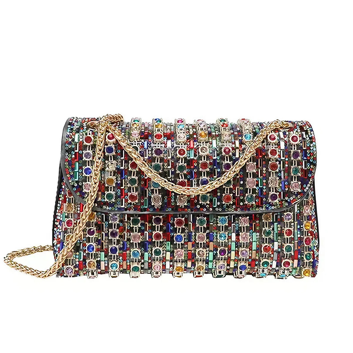 Sac de soirée femme à strass, chaîne en métal, cinq coloris, multicolore
