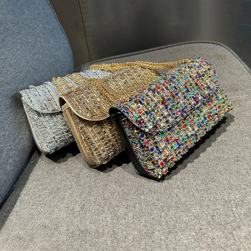 Sac de soirée femme à strass, chaîne en métal, cinq coloris
