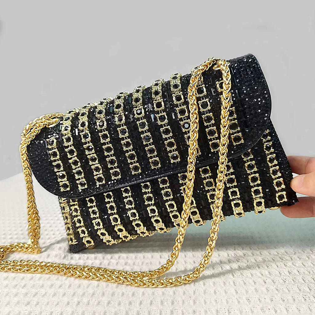 Sac de soirée femme à strass, chaîne en métal, cinq coloris, noir