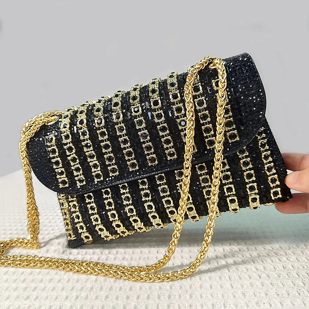 Sac de soirée femme à strass, chaîne en métal, cinq coloris, noir