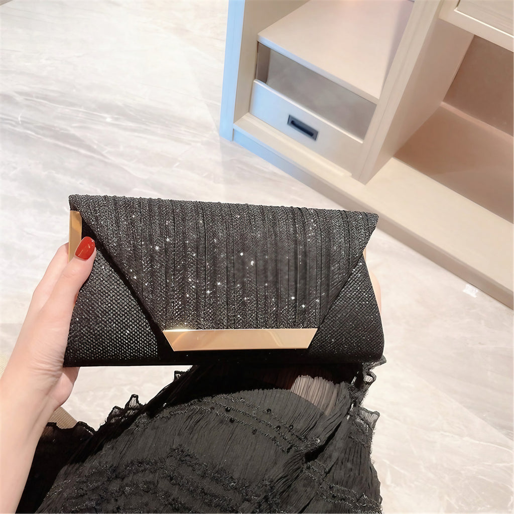 Sac de soirée noir à rabat pailleté, lanière fine, 22 x 14 cm, noir