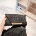 Sac de soirée noir à rabat pailleté, lanière fine, 22 x 14 cm, noir