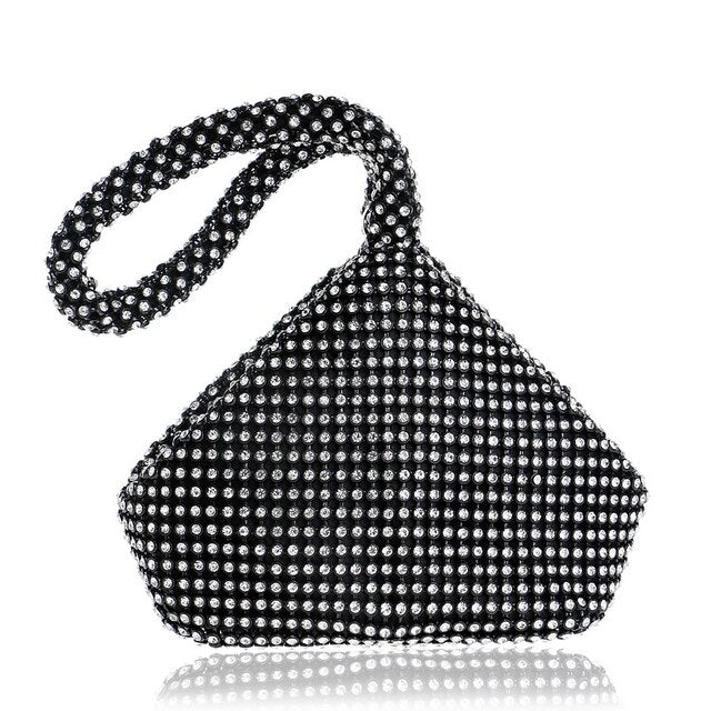 Minaudière noire à strass, forme triangulaire, anse poignet, noir