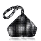 Minaudière noire à strass, forme triangulaire, anse poignet