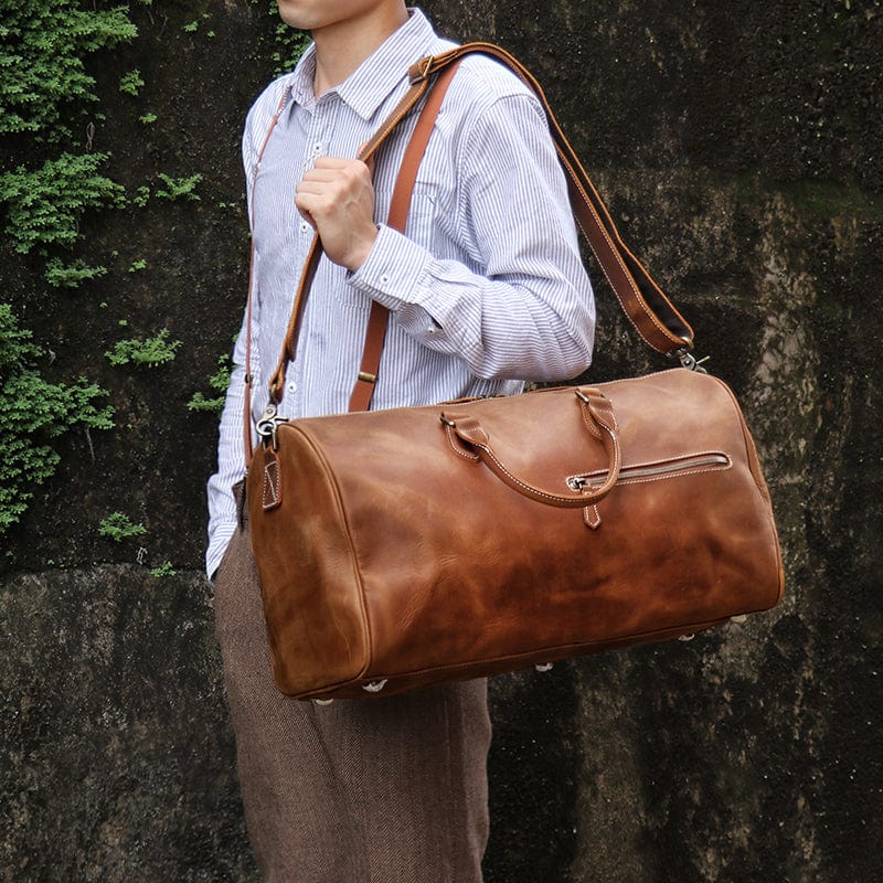 Sac de voyage homme en cuir marron, 50 x 24 x 26 cm
