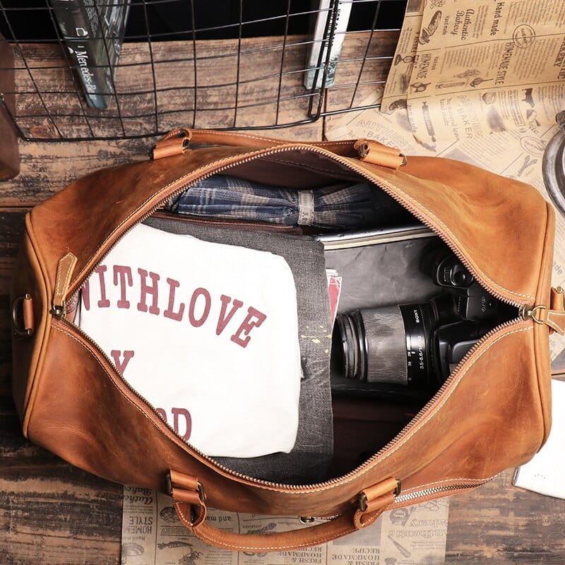 Sac de voyage homme en cuir marron, 50 x 24 x 26 cm