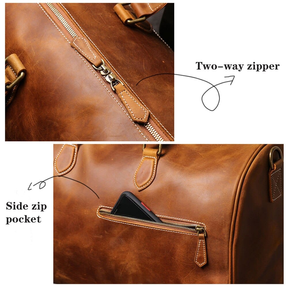 Sac de voyage homme en cuir marron, 50 x 24 x 26 cm
