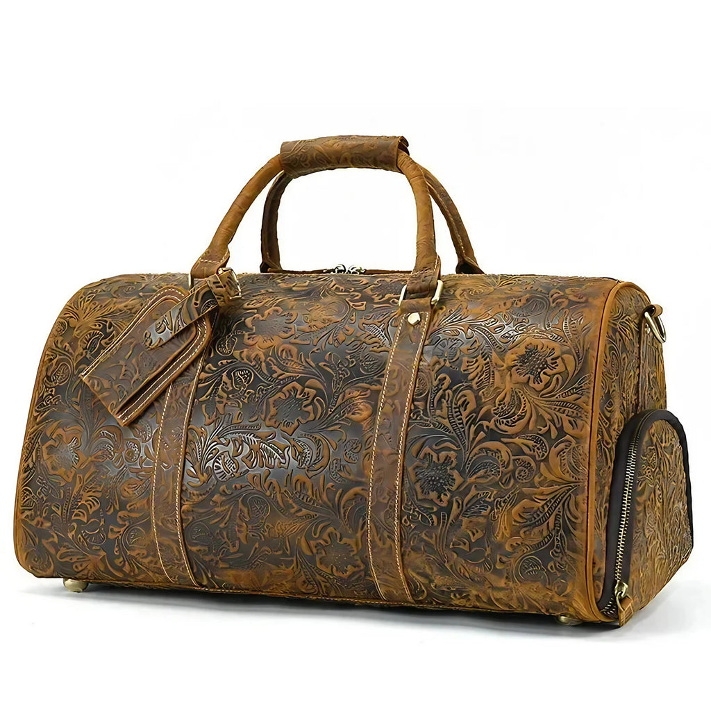 Sac de voyage femme en cuir gravé de fleurs, 50 x 26 x 27 cm, marron