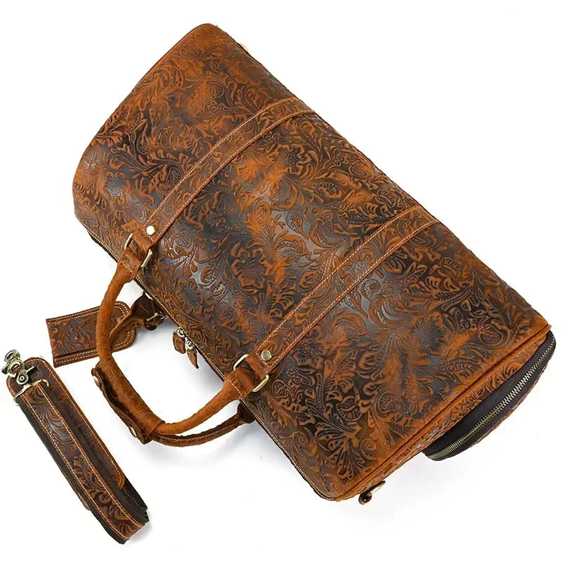 Sac de voyage femme en cuir gravé de fleurs, 50 x 26 x 27 cm