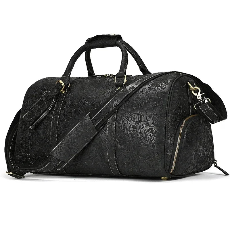 Sac de voyage femme en cuir gravé de fleurs, 50 x 26 x 27 cm, noir