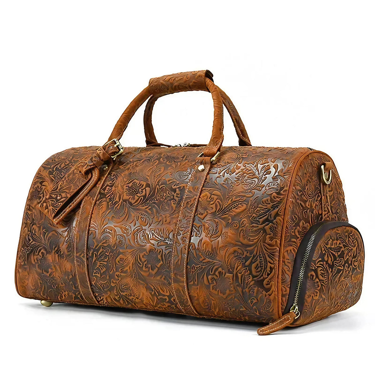 Sac de voyage femme en cuir gravé de fleurs, 50 x 26 x 27 cm, camel