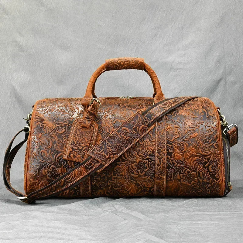Sac de voyage femme en cuir gravé de fleurs, 50 x 26 x 27 cm
