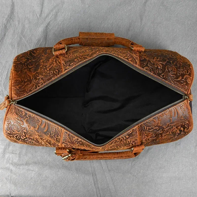 Sac de voyage femme en cuir gravé de fleurs, 50 x 26 x 27 cm