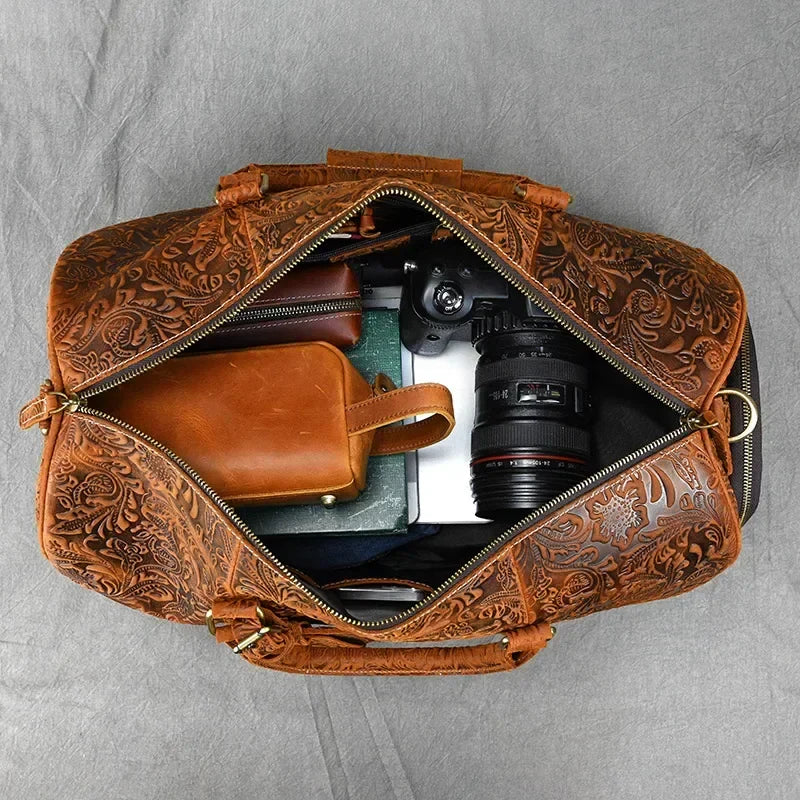 Sac de voyage femme en cuir gravé de fleurs, 50 x 26 x 27 cm