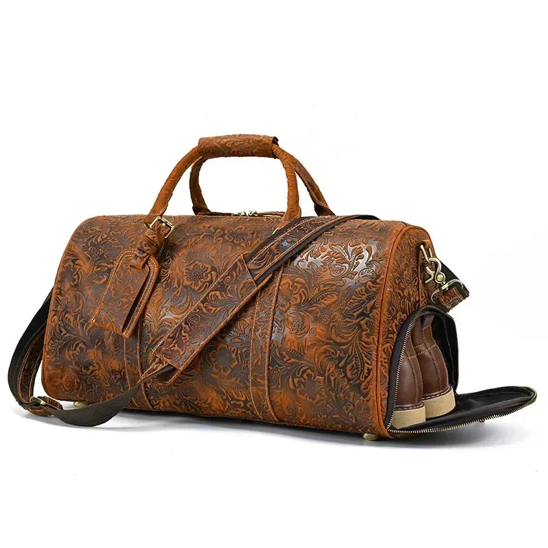 Sac de voyage femme en cuir gravé de fleurs, 50 x 26 x 27 cm
