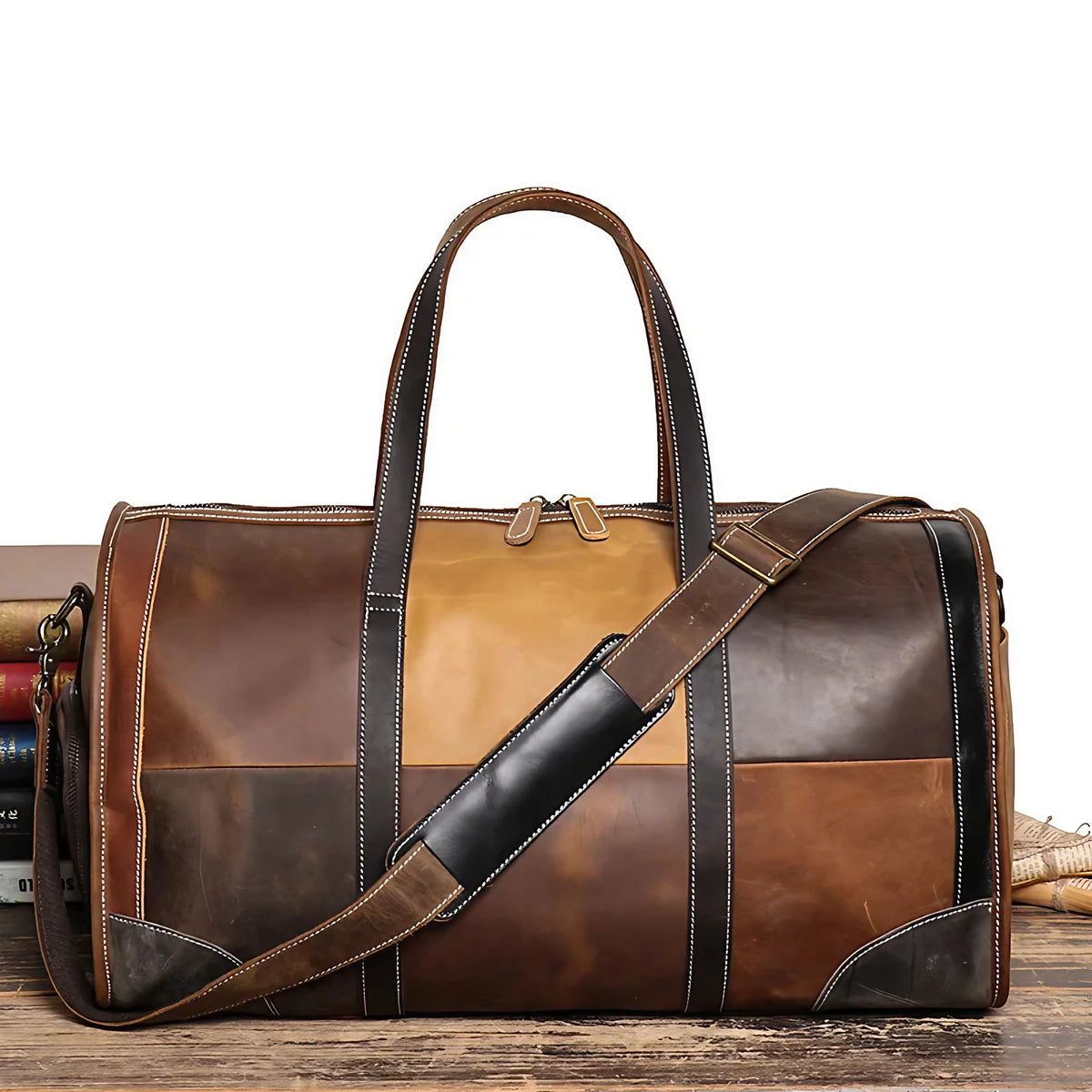 Sac de voyage femme en patchwork, tons bruns, 50 x 25 x 30 cm